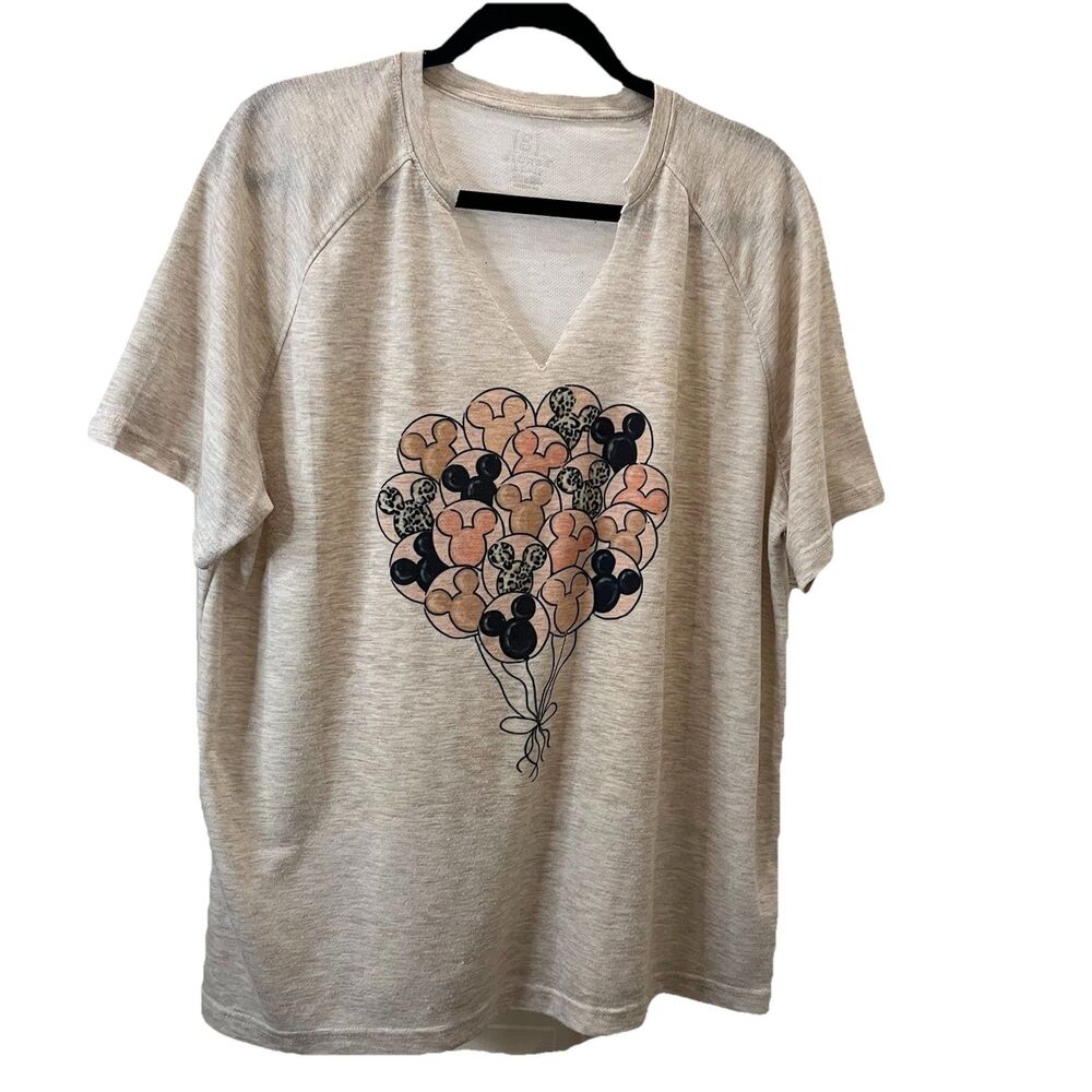 George Disney Mickey Minnie Mouse Balloon Graphic Shirt Tan Womens Size XL